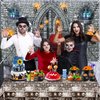 GCTWFYK 2 Pcs Medieval Party Decorations, Medieval Scene Setter Set, Castle Backdrop with Halloween Brick Stone Wall Tablecloth, Knight Themed Castle Decorations for Party Table Wall Decor