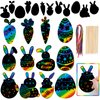 GOMANCHE 48 Pcs Easter Scratch Crafts for Kids, Rabbit Bunny Carrot Easter Egg Rainbow Scratch Paper Ornaments with Wooden Stick and Ribbon for Easter Party Favors