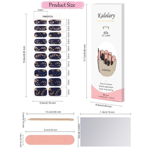 20PCS Gel Nail Polish Strips, Kalolary Blue Gold Foil Full Nail Art Wraps Waterproof Nail Art Stickers with Nail File and Stick for Women Girls Nail Decoration (UV/LED Lamp Required)