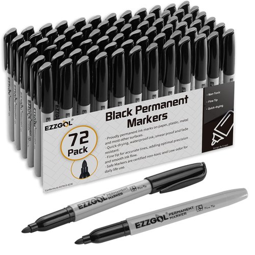 Ezzgol Permanent Markers Bulk, 72 Pack Black Permanent Marker Set, Fine Tip, Waterproof Markers, Premium Smear Proof Pens, Waterproof, Quick Drying, Office Supplies for School, Office, Home