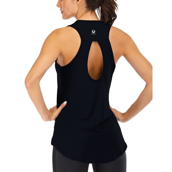 ICTIVE Women's Yoga Tank Top - Loose Fit, Backless, Sleeveless, Keyhole Open Back, Muscle, Gym, Running, Summer - Black, L