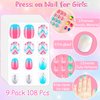 DTOFOOT 108Pcs Fake Press on Nails for Kids,Acrylic Full Cover False Press on Nails Girls Stick on Nails for Kids Children Birthday Party Favors Gift Nail Art Decoration（9 Pack Gradient Style）