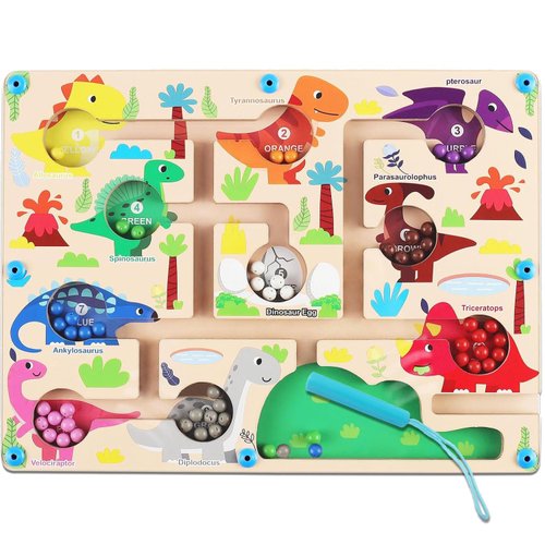 mom&myaboys Toddler Montessori Toys for 3 4 5 Year Old Wooden Puzzle Activity Board Fine Motor Skills Kids Toys Maze Toys Number and Color Maze Board for 3-6 Year Old Gifts (Dinosaur