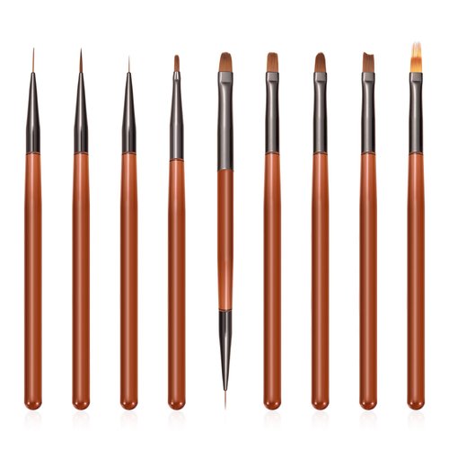 9Pcs Nail Art Brush Set, Builder Painting Design Detail Drawing Brushes Dotting Pen Double-Ended French Liner For Gel Polish Manicure Tools Acrylic Home DIY Salon Use Women, Brown
