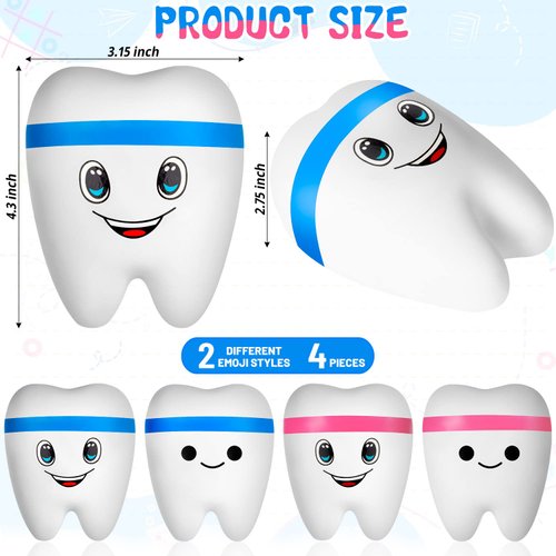 ZHWKMYP 4 Pcs Tooth Stress Ball, Slow Rising Jumbo Cartoon Teeth Shaped Stress Balls for Adults Dental Office, Teeth Stress Ball for Kids Bulk Party Favors