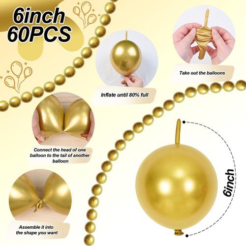 Gold Quick Link Balloons, 60PCS Linking Balloons for Balloon Wall Balloon Arch Balloon Chains, Linkable Balloons for Wedding Birthday Baby Shower Engagement Graduation Party Decorations (6inch)