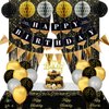 Black and Gold Birthday Party Decorations with Happy Birthday Banner, Gold Black Balloons, Birthday Tablecloth, Foil Fringe Curtains, Honeycomb Balls, Birthday Decor for Men Women