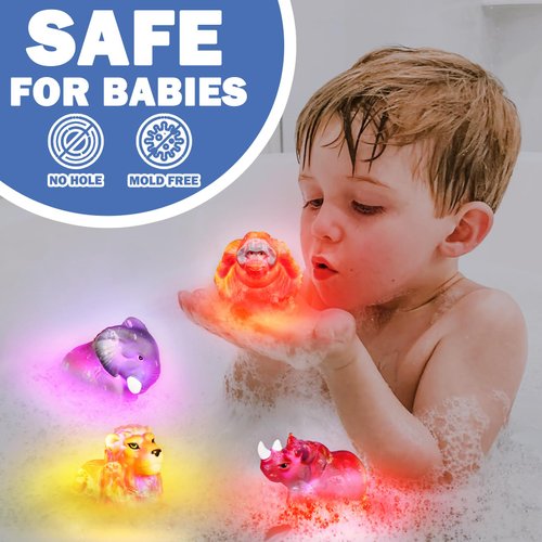 Mold Free Light up Bath Toys, No Hole Realistic Wild Animals Bathtub Toys for Toddler Kids Baby Ages 1-3, Flashing LED Changing Color in Water, Birthday Gift, Floating Bathroom Tub Swimming Pool Party