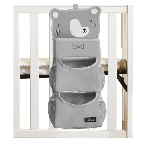 SUNEVNO Hanging Baby Diaper Caddy Organizer Diaper Stacker, Baby Crib Hanging Classified Storage Bag Organizer for Changing Table Crib Playard or Wall & Nursery Organization (Gray Bear)