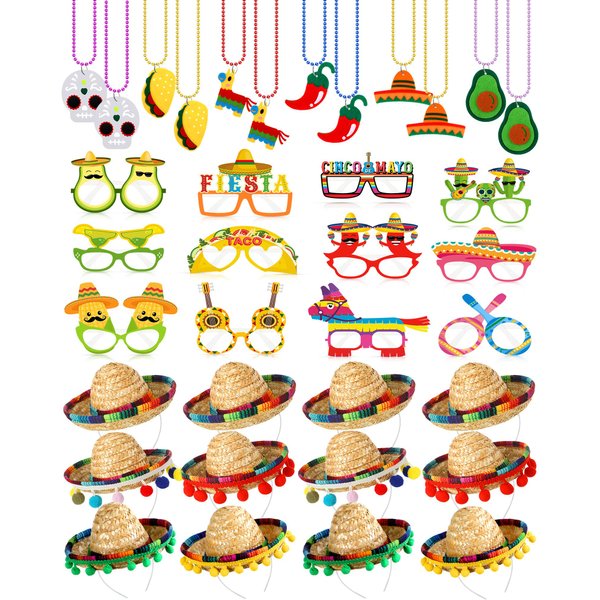 Yunsailing 36 Pcs Fiesta Party Supplies Fabric Straw Sombrero Headbands Necklaces Eyeglasses for Mexican Party(Modern Style)