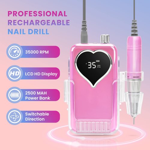 Electric Nail Drill Machine Professional Rechargeable 35000 RPM Nail Drill, Cordless Electric Nail File for Acrylic, Portable E-File with Battery,Polishing, Nail Removing for Salon at Home (Pink)
