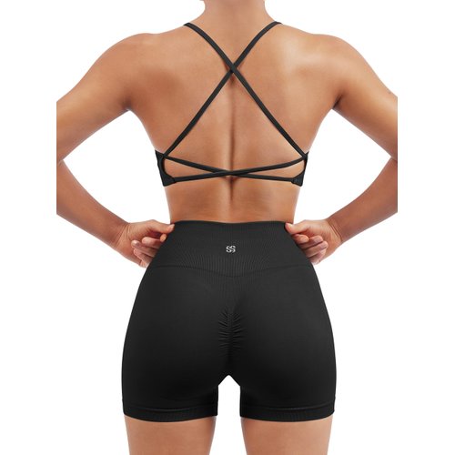 SUUKSESS Women Seamless 2 piece Workout Sets Strappy Padded Sports Bra Booty High Waisted Shorts Outfits (Black,S)