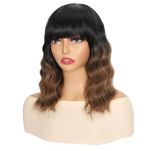 Apoze Short Wig With Bangs For Women,Synthetic Cosplay Bob Wigs,Curly Hair Wigs For Daily Party Use,Natural Looking Heat Resistant Shoulder Length Wig(Ombre Golden Brown)