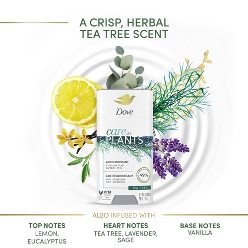 Dove Care by Plants Deodorant Stick for long-lasting deodorant protection Tea Tree aluminum free deodorant, 2.6 Oz, Pack of 3