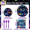 G1ngtar 96Pcs Video Game Party Plates Supplies Neon Game On Party Tableware Decorations Glow In The Dark Cool Disposable Paper Plates Napkins Forks for Kids Birthday Baby Shower, Serves 24 Guests