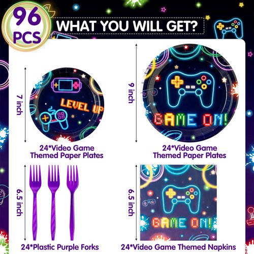 G1ngtar 96Pcs Video Game Party Plates Supplies Neon Game On Party Tableware Decorations Glow In The Dark Cool Disposable Paper Plates Napkins Forks for Kids Birthday Baby Shower, Serves 24 Guests