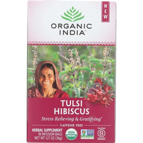 Organic India Tulsi Hibiscus Herbal Tea - Stress Relieving & Gratifying, Immune Support, Adaptogen, Vegan, USDA Certified Organic, Non-GMO, Calming, Caffeine-Free - 18 Infusion Bags, 1 Pack