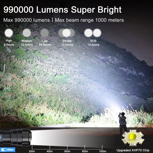 BengMxj Rechargeable LED Flashlights, 990000 High Lumens Flashlight, XHP70 Tactical Flashlight with Zoomable, 5 Modes, Super Bright Waterproof Flashlights for Emergencies, Camping, Hiking, Home
