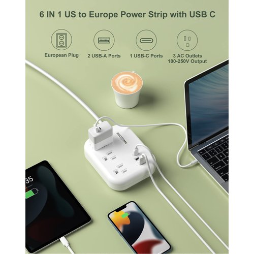 European Travel Plug Adapter with USB C, ROOTOMA Outlet Converter US to Europe 3 Outlets 3 USB Ports, International Power Strip for EU Spain France Germany Iceland Greece, 3ft, White