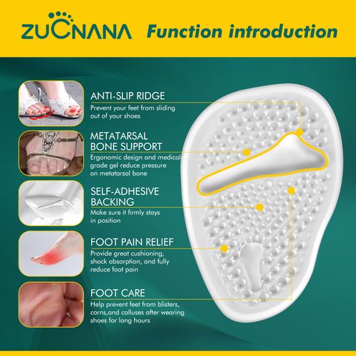ZUCNANA Metatarsal Pads Ball of Foot Cushions (6 Pairs), Non-Slip High Heel Cushion Inserts Women, One Size Fits All Shoe Inserts for Women and Men, Reusable Foot Pads All Day Pain Relief and Comfort