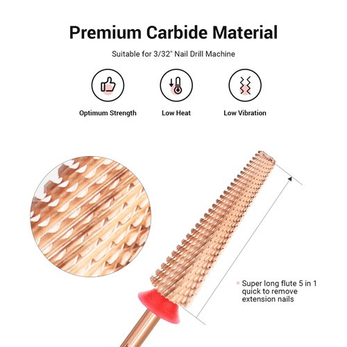 MelodySusie Super Long 5 in 1 Nail Drill Bits, 3/32'' Carbide Tungsten Bits, Suitable for Manicure Pedicure Cuticle Gel Polishing, Professional Advanced Bits, Rose Gold, Series Bit-X, Fine
