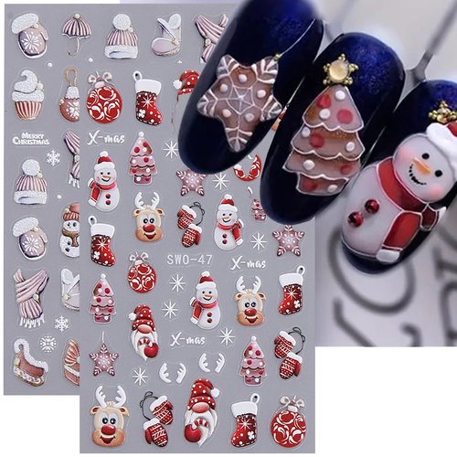 Christmas Nail Art Stickers Decals Santa Xmas Tree 5D Embossed Christmas Nail Decals 4PCS Elk Glove Snowflake Cookie Man 3D Self-Adhesive Christmas Stickers for Nails Manicure Nail Art Decorations