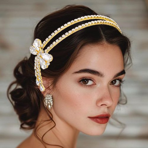 Yovic Rhinestone Bow Headbands Double Crystal Hairbands Gold Wedding Headpiece Women Bowknot Hair Accessories for Party Costume (Gold)