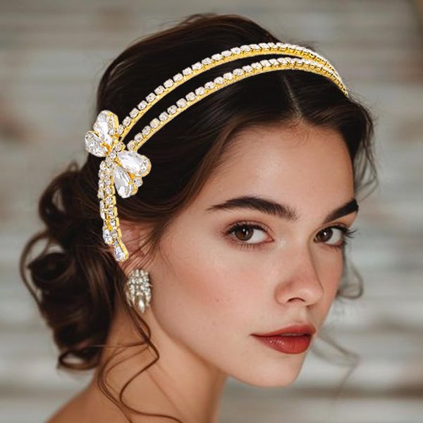 Yovic Rhinestone Bow Headbands Double Crystal Hairbands Gold Wedding Headpiece Women Bowknot Hair Accessories for Party Costume (Gold)
