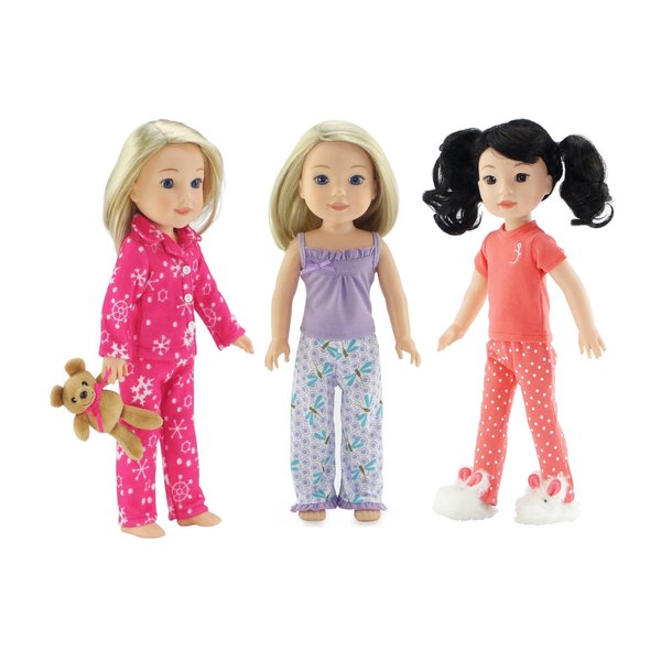 Emily Rose 14 Inch Doll Clothes & Accessories | 3pc Snowflake PJs with Teddy Bear Bundled with Coral PJ Set with Fluffy Easter Bunny Slippers and Summer Tank PJ Set | Fits 14" Wellie Wishers Dolls