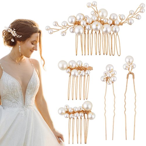 Andibro 5 Pcs Pearl Bride Wedding Hair Comb, U Shape Bridal Hair Clip Faux Pearl Bridal Side Combs Gold Hair Comb Barrette Vintage Aesthetic Bridal Hair Accessories for Women Girls