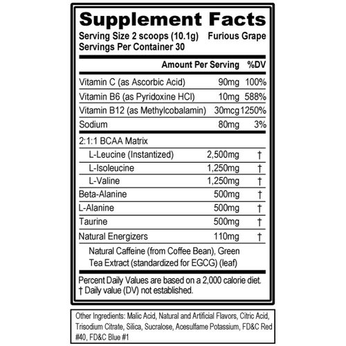EVL BCAAs Amino Acids Powder - BCAA Energy Pre Workout Powder for Muscle Recovery Lean Growth and Endurance - Rehydrating BCAA Powder Post Workout Recovery Drink with Natural Caffeine - Furious Grape
