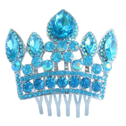 Sindary Classic Bride Crown Hair Comb Austrian Crystal HZ5050 (Silver-Tone Lake Blue)