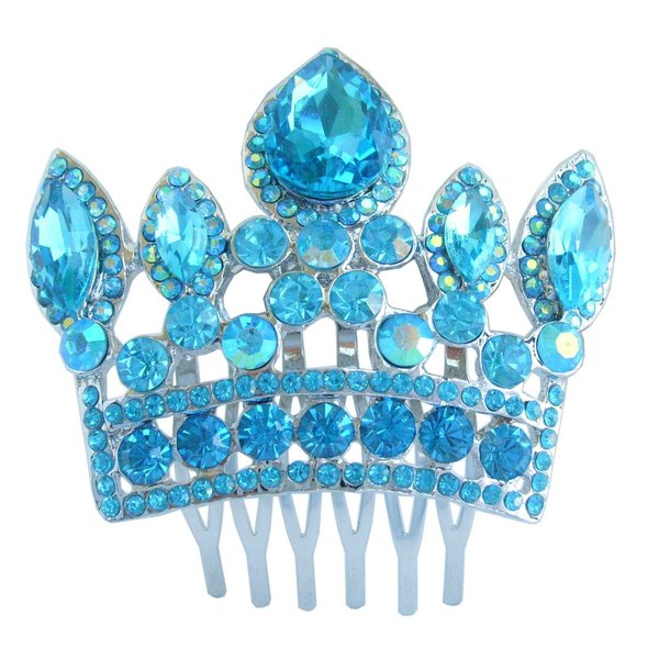 Sindary Classic Bride Crown Hair Comb Austrian Crystal HZ5050 (Silver-Tone Lake Blue)