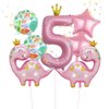 7pcs Pink Crown Dinosaur Balloons, Girl Dinosaur Birthday Number Mylar Foil Balloon Pink Dinosaur 5th Birthday Party Supplies Decorations (5th)