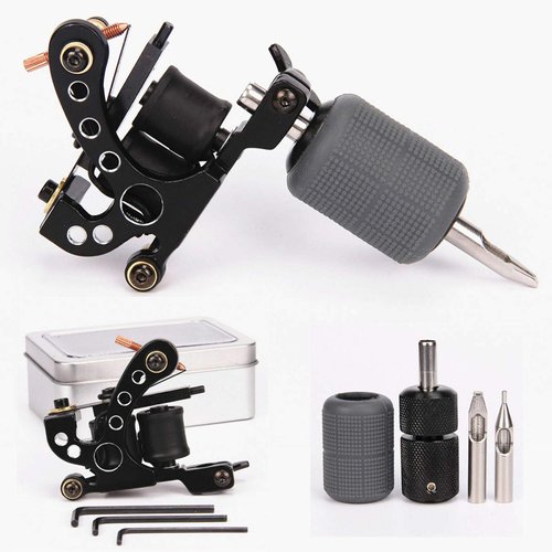 Tattoo Coil Machine 10 Wraps Coils Black Tattoo Machine Selflock Tattoo Grip 25mm Silicone Grips Cover 28mm Tattooing Tips 5F 5R Tattoo Kit for Liner Shader 2 Styles (Shader Kit) for Starter Tattooist