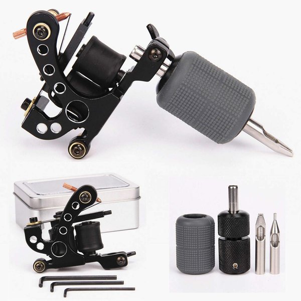 Tattoo Coil Machine 10 Wraps Coils Black Tattoo Machine Selflock Tattoo Grip 25mm Silicone Grips Cover 28mm Tattooing Tips 5F 5R Tattoo Kit for Liner Shader 2 Styles (Shader Kit) for Starter Tattooist