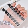 Semi Cured Gel Nail Strips French Tip Nail Polish Strips Self-Adhesive Gel Nail Black French Nail Polish Stickers 16 Pcs Glitter Gel Nail Wraps for Women Girls Manicure Nail Decoration