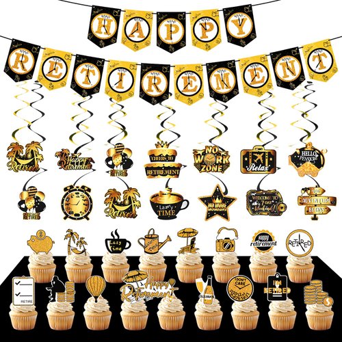 59 Pcs Happy Retirement Party Decorations, Happy Retirement Banner, Cake Topper , Cupcake Toppers, Honeycomb Centerpieces Swirls Party Supplies for Women Men (Gold/Black)