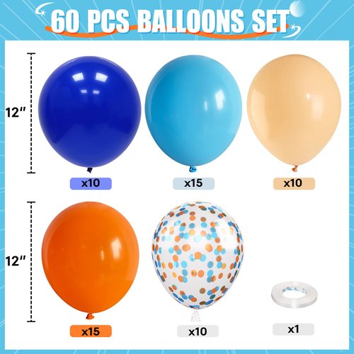 Blue and Orange Balloons, 60PCS 12 Inch Royal Blue Light Blue Beige Orange Balloons Orange Blue Confetti Balloons for Kids Space Theme Party Baby Shower Birthday Wedding Party Decoration