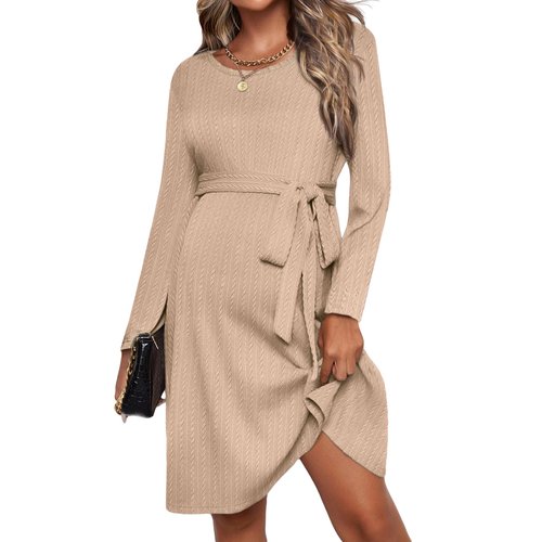 Ekouaer Women's 2023 Maternity Dress Fall Crewneck Midi Dress Long Sleeve Pregnancy Dress Maternity Work Clothes Khaki L