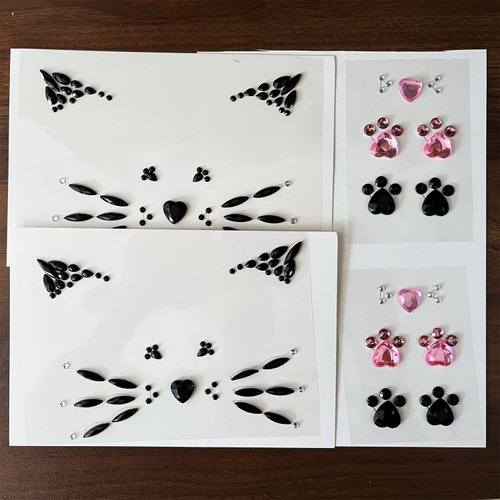 Crystal Cat Face Jewels, Pink Cat Print Gems, 2-Sheet Black Cat Eye Gems Sticker and 2-Sheet Fake Cat Lash Gems Tattoo Stick on Face for Women Kids Cat Halloween Makeup