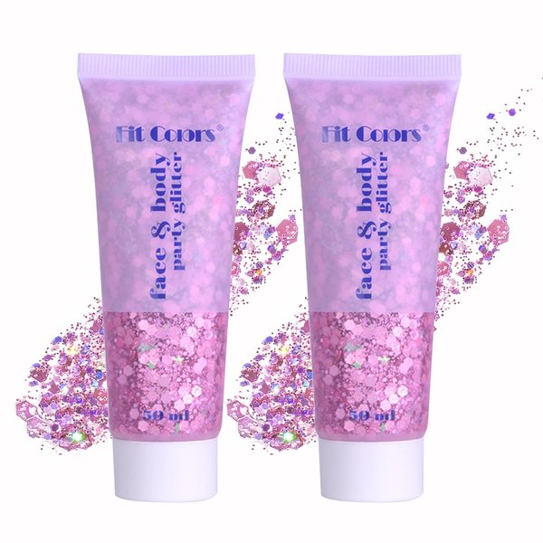 Face Glitter Gel, 2 Jars Holographic Chunky Glitter Makeup for Body, Hair, Face, Nail, Eyeshadow, Long Lasting and Waterproof Mermaid Sequins Liquid Glitter Total 6 Colors Available (#3, Pink, 2PCS)