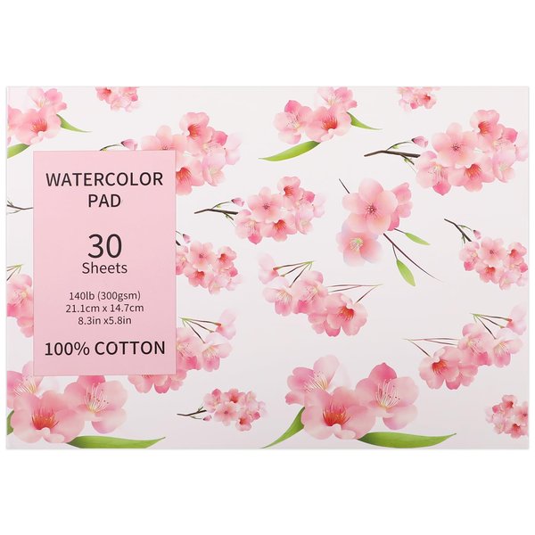 30 Sheets A5 Watercolor Paper Pad(8.3 x 5.8"), 140 LB/300 GSM, 100% Cotton Cold Pressed Watercolor Paper for Watercolor Drawing, Mixed Media, Art Journaling, Gouache Ink