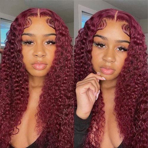 Jasperel Burgundy Lace Front Wigs Human Hair for Black Women 99J Burgundy Deep Wave Lace Front Wigs Pre Plucked with Baby Hair Wine Red Colored Frontal Curly Human Hair Wig 150 Density 20 Inch
