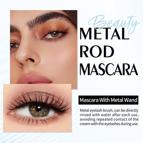 FREEORR Washable Metal Iron Wand Rod Mascara Black, Curling Iron Wand 3D Mascara Non-Clumping, Smudge-Proof Extra Slim Mascara with Metal Rod Wand Curling Eyelash Iron Brush Wand Mascara-Black