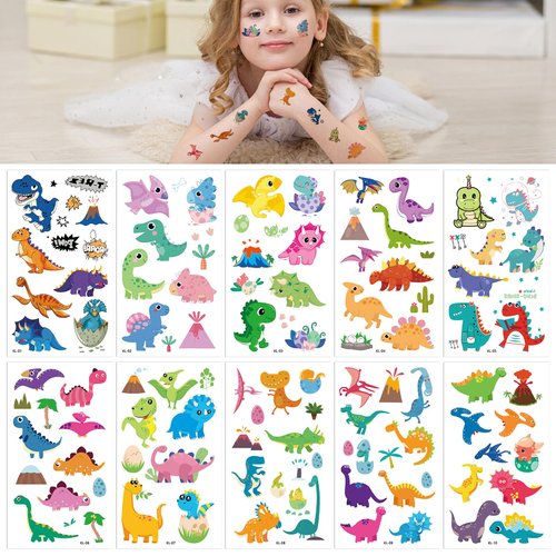 10 Sheets Dinosaur Temporary Tattoos for Kids Party Supplies Waterproof Cartoon Fake Tattoos For Kids Boys Girls