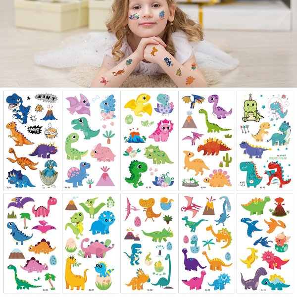10 Sheets Dinosaur Temporary Tattoos for Kids Party Supplies Waterproof Cartoon Fake Tattoos For Kids Boys Girls
