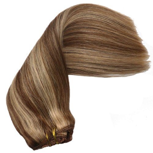 Eufficco Human Hair Lace Clip In Hair Extensions Thick Ends Highlights Piano Color Chocolate Brown/Strawberry Blonde 14inch 100g Remy Hair Extensions Silky Soft Lace Backed Clip On Hair Extensions