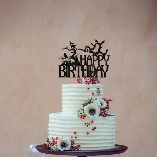 Ferastar Halloween Happy Birthday Cake Topper, Spooky Haunted House Black Glitter Cake Supplies, Creepy Birthday Themed Party Decor Black Glitter