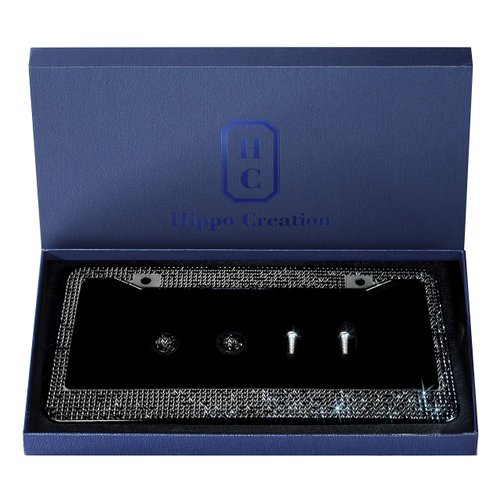 Handcrafted Bling License Plate Frames for Women, Men | 1 Pack Bedazzled Cover with Glittery Screw Caps | Stainless Steel Diamond Rhinestone License Plate Frame/Cover | Giftbox Included (Black)